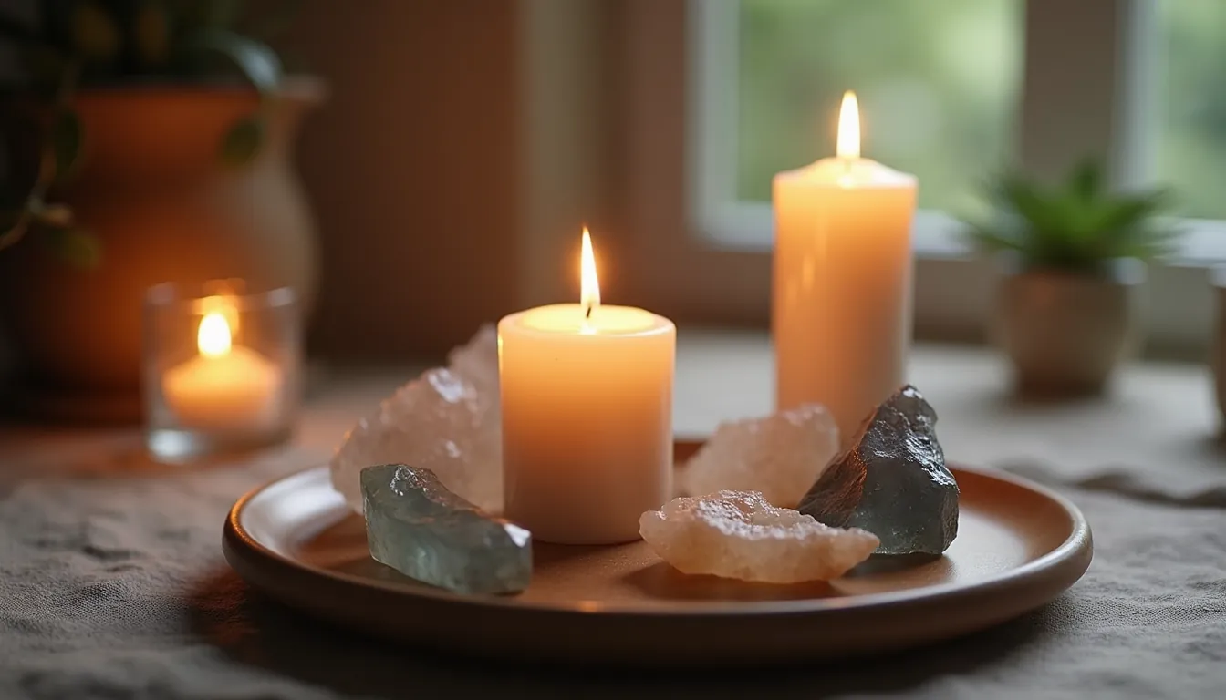 Close-up view of a candle and crystals on a meditation altar